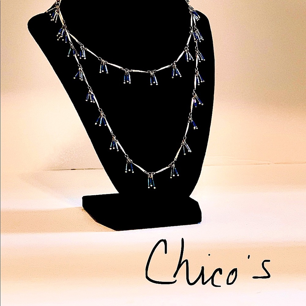 NWT Chico’s Anya Blue Beaded Silver Tone Bohemian Necklace 18”